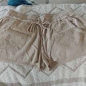 High Waist Tan Lace Shorts with Drawstring